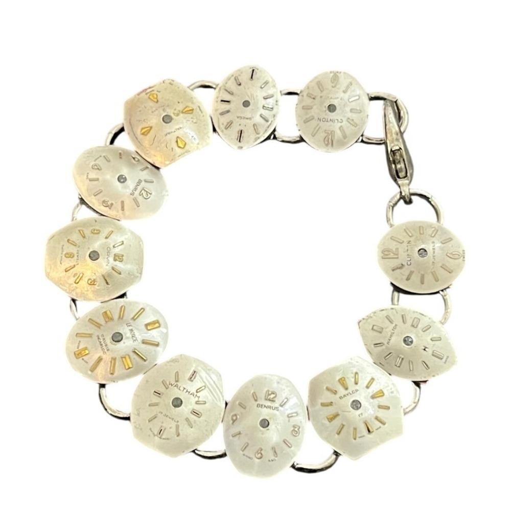 Linked Time Watch Face Bracelet Womens 7.5in Silver Steampunk Upcycled Dials